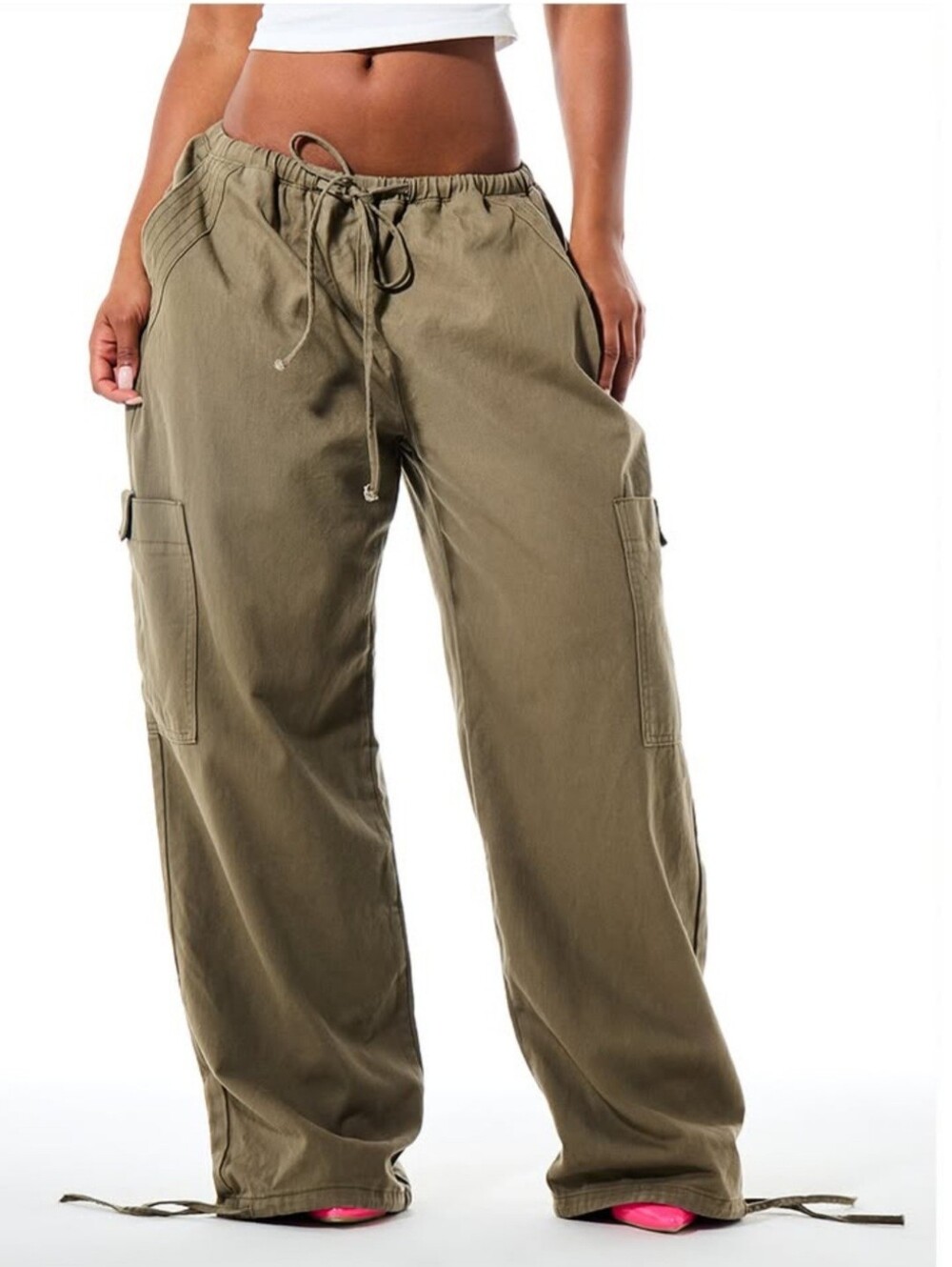 Women's  Drawstring Cargo Pants - Khaki